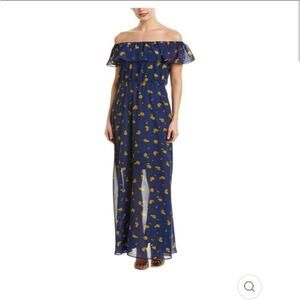 New Betsey Johnson Navy Yellow Floral Off the Shoulder Maxi Dress US 14